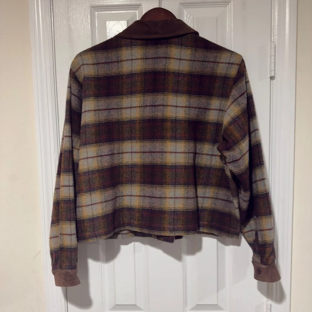 New York Style Plaid Jacket Womens M Brown Suede Collar Button‎ Front Cropped - Picture 7 of 7
